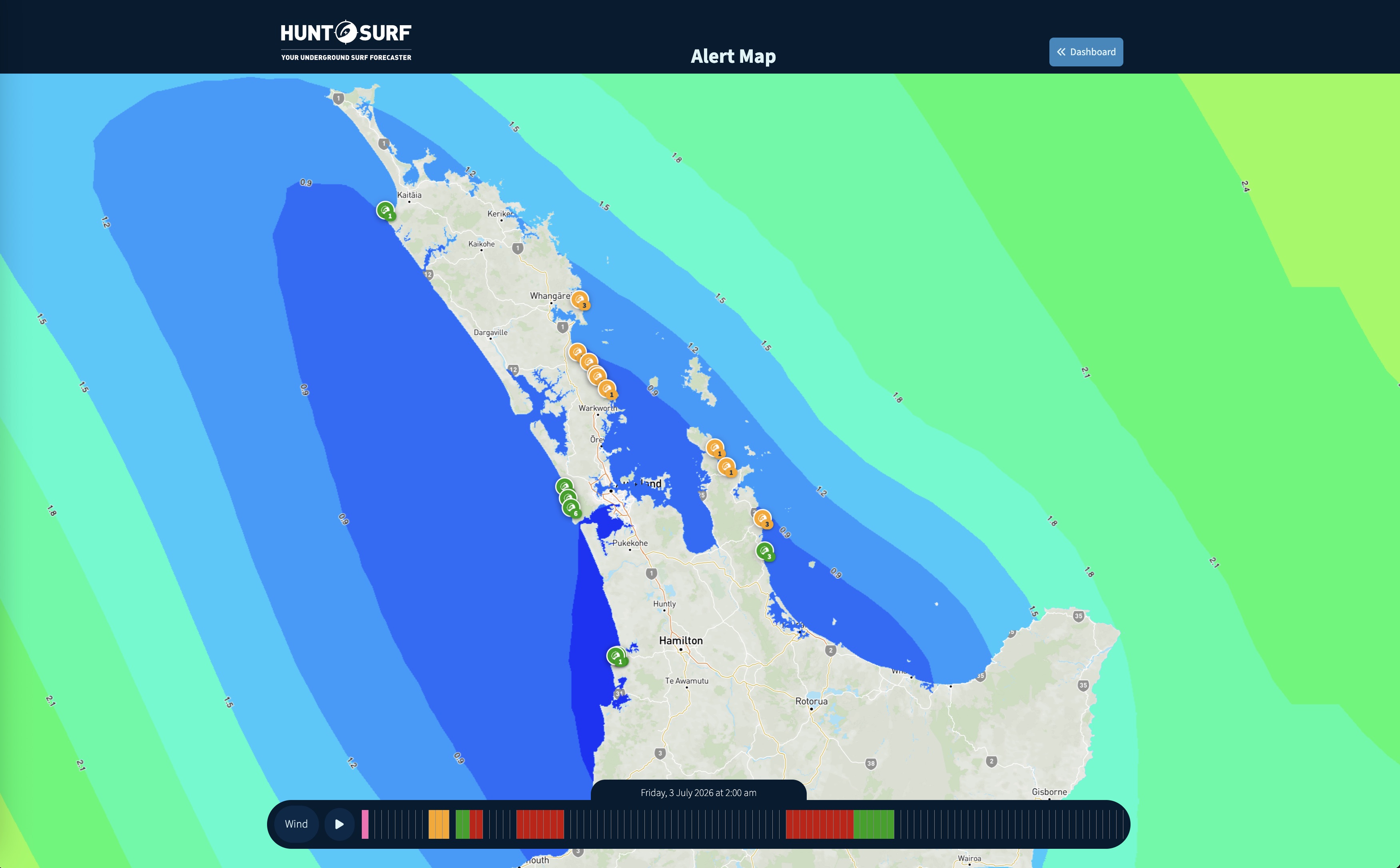Hunt.Surf alert map interface.