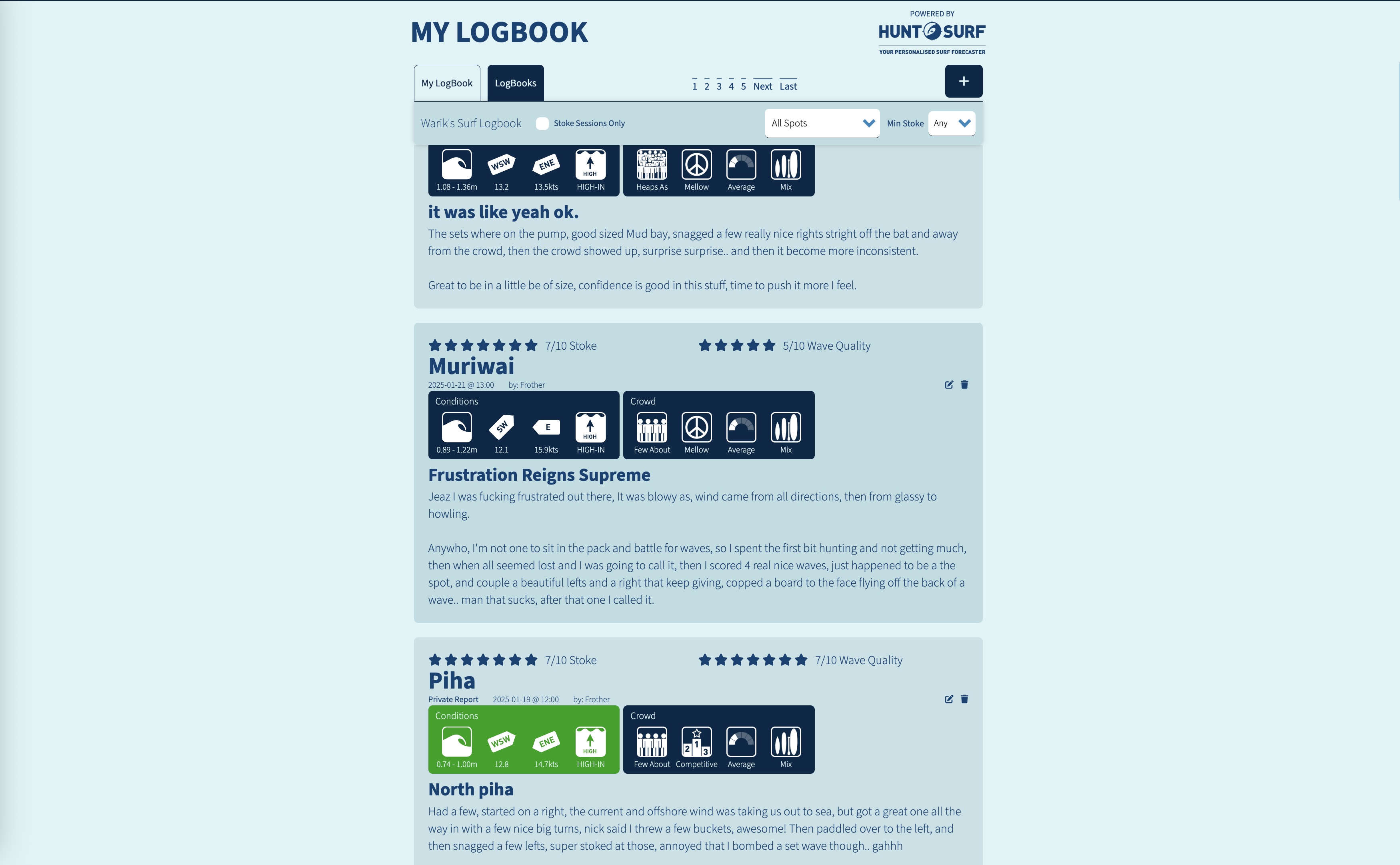 Hunt.Surf logbook interface.