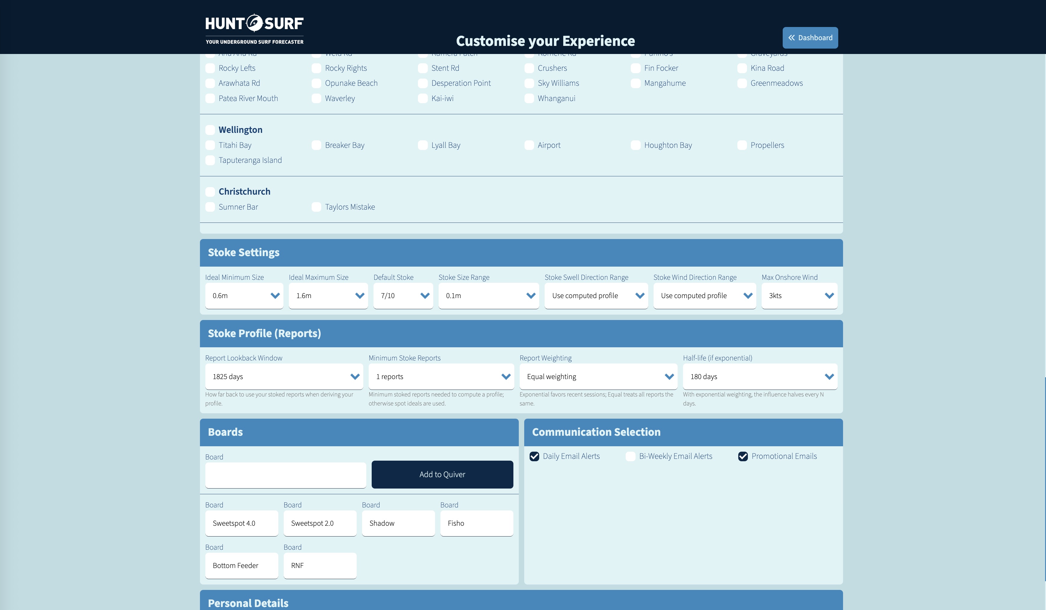 Hunt.Surf preferences screen for personalised surf conditions.